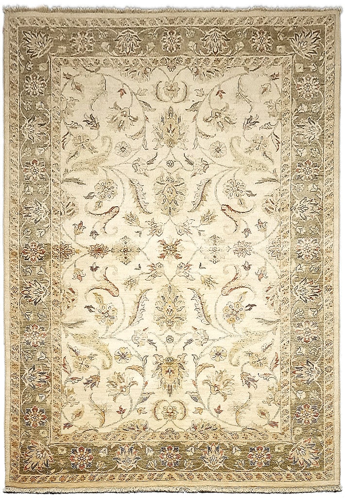 5.7 x 8 Ivory Vegetable Dyed Chobi Rug Handwoven Premium Wool: 5.7 x 8 Ivory Vegetable Dyed Chobi Rug Handwoven Premium Wool Free continental US Shipping Introduce a touch of timeless elegance to your home with this exquisite 5.7 x 8 Ivory Vegetable Dyed Chobi Ru