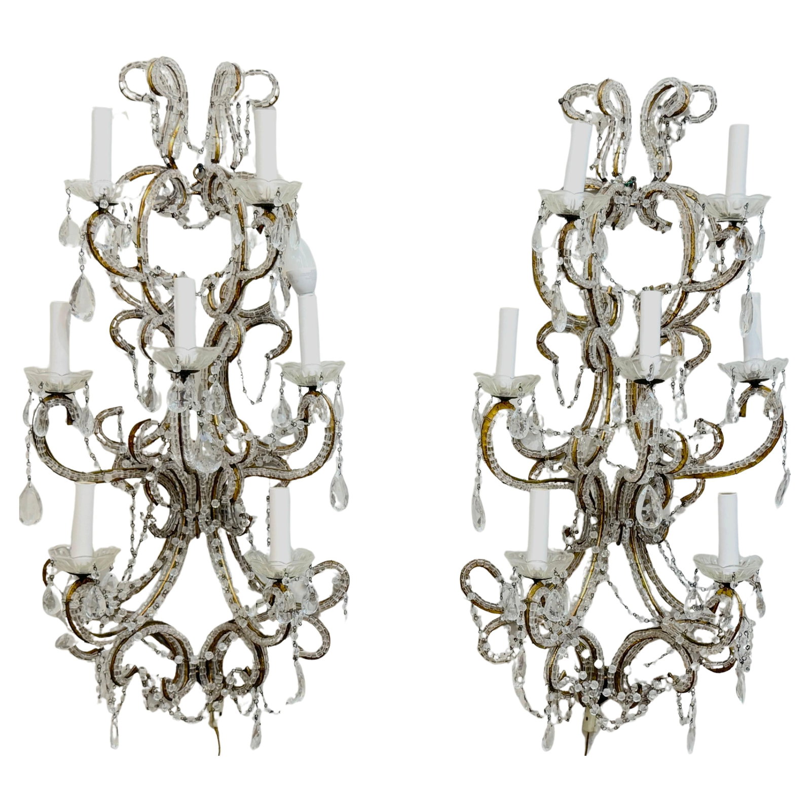 Elegant Set of 2 Maria Theresa Style 7-Light Crystal Wall Sconces Italy 1950s: Elegant Set of 2 Maria Theresa Style 7-Light Crystal Wall Sconces Italy 1950s This stunning pair of Maria Theresa-style crystal wall sconces, crafted in Italy circa the 1950s, showcases a magnificent 