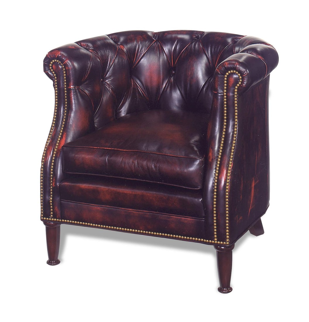 Oxblood Red Handcrafted Tub Chair English Traditional Style: Oxblood Red Handcrafted Tub Chair English Traditional Style This handcrafted tub chair exudes antique style appeal, featuring a spool leg design that adds a classic touch to any space. Made to order w