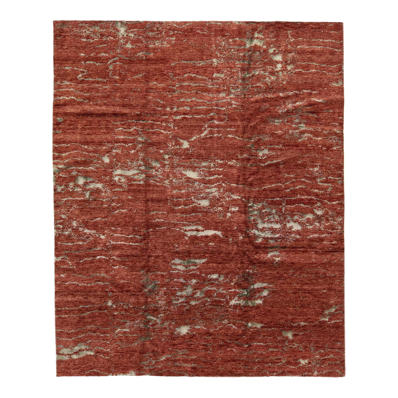 Handmade Abstract Copper Wool Silk Rug 8'1" x 9'10" Indian Design: Handmade Abstract Copper Wool Silk Rug 8'1" x 9'10" Indian Design Elevate your living space with this exquisite handmade abstract rug, expertly crafted from a luxurious blend of Indian wool and silk. 