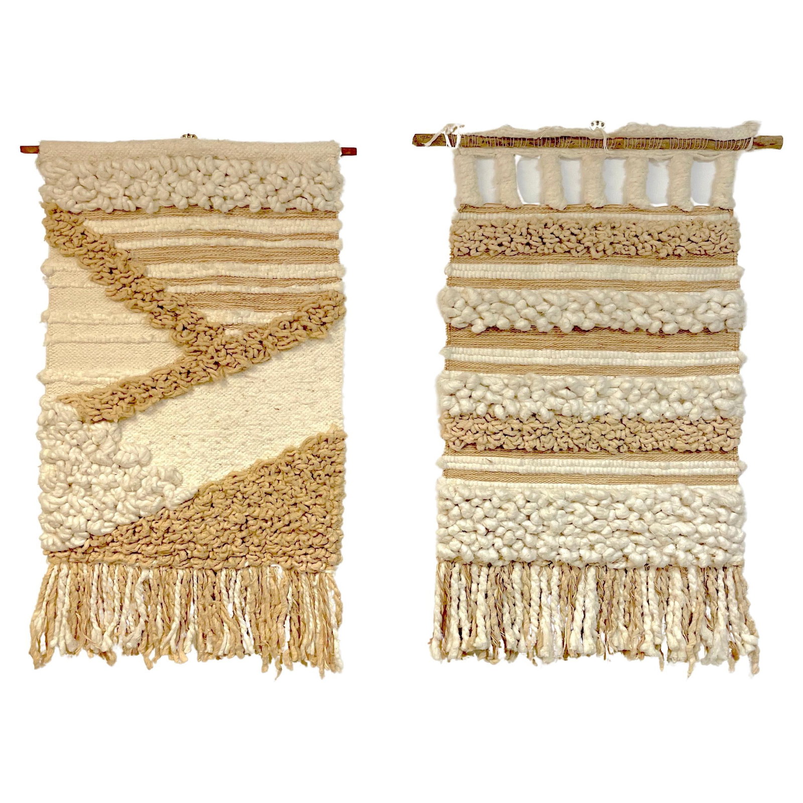 Mid-Century Modern Oaxaca School Tapestries Set of 2 1970s Abstract Art: Mid-Century Modern Oaxaca School Tapestries Set of 2 1970s Abstract Art This stunning pair of mid-century modern woven tapestries from the Ole Oaxaca School showcases abstract designs that reflect the