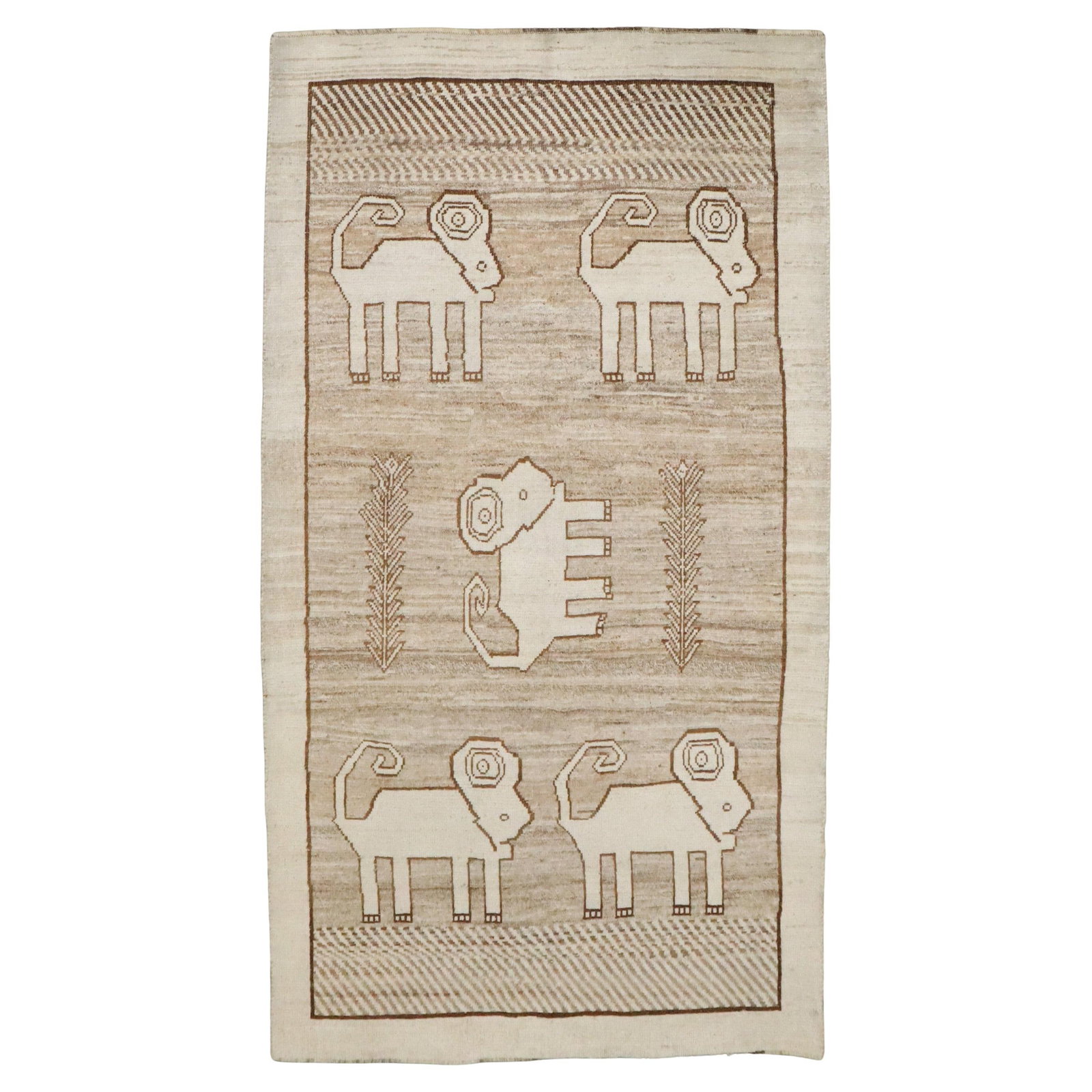 Modern Wool Persian Gabbeh Rug with Ram Motif 41 x 70 Inch: Modern Wool Persian Gabbeh Rug with Ram Motif 41 x 70 Inch This modern Persian Gabbeh rug features a neutral colored ground adorned with five adult sheep rams, showcasing a contemporary interpretation