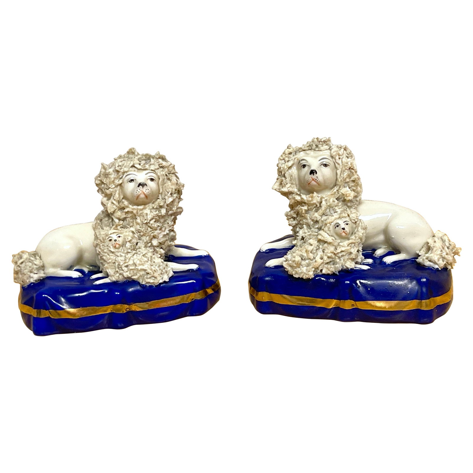 19th Century Chelsea Porcelain Poodle Figures Set of 2: 19th Century Chelsea Porcelain Poodle Figures Set of 2 Discover a charming pair of 19th Century Chelsea Porcelain figures depicting seated poodles and their pups, attributed to Chelsea Porcelain. Each