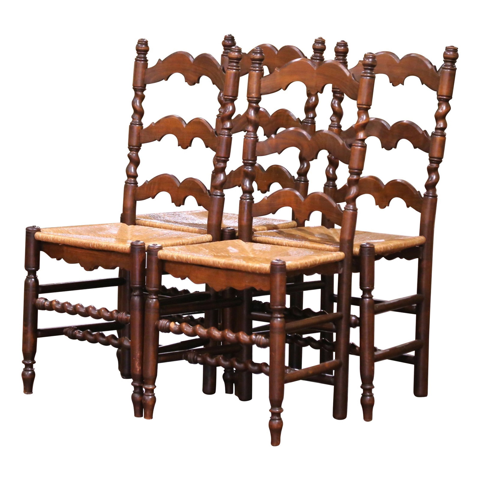 Set of Four French Walnut Ladder Back Chairs with Rush Seats Circa 1960: Set of Four French Walnut Ladder Back Chairs with Rush Seats Circa 1960 This set of four mid-century ladder back chairs showcases classic French Louis XIII style, expertly crafted in Normandy, France 