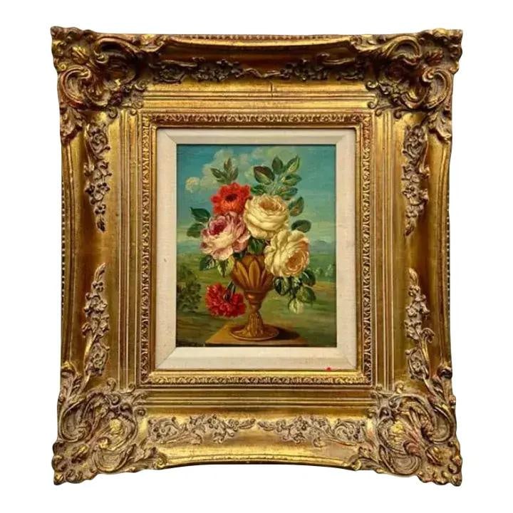 Signed Oil Floral Still Life on Board Vintage Boho Style: Signed Oil Floral Still Life on Board Vintage Boho Style This vintage boho floral still life is an original oil painting on board, featuring a vibrant and relaxed composition of flowers arranged in a 