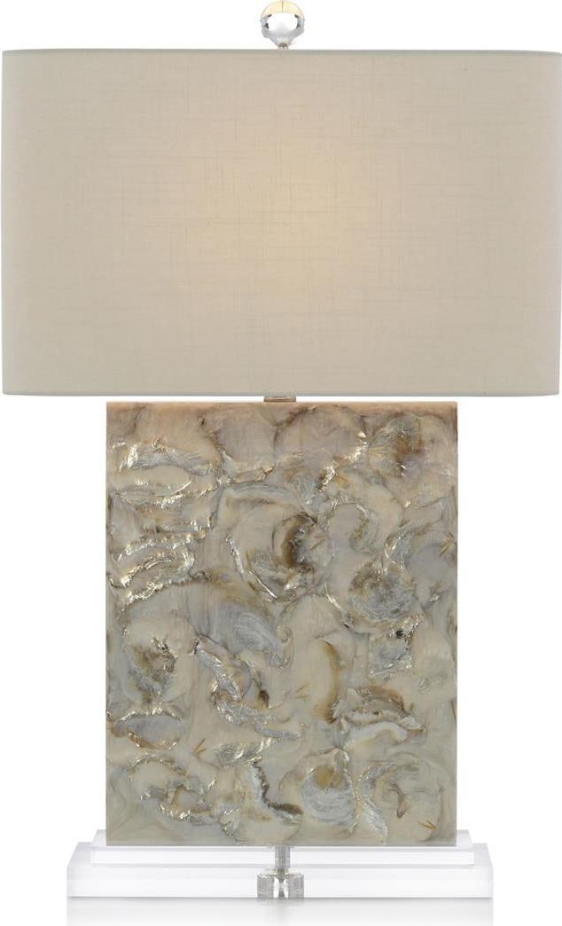 John-Richard Ivory Table Lamp with Sultry Gray Shade: John-Richard Ivory Table Lamp with Sultry Gray Shade Illuminate your space with the elegant John-Richard White & Grey Resin Lamp. This transitional style lamp features a creamy white nickel harp and a