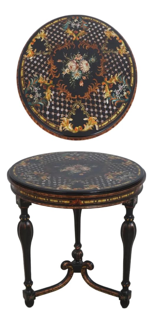 Chinoiserie Style Hand Painted Round Accent Table with Floral Motif (1 of 10)