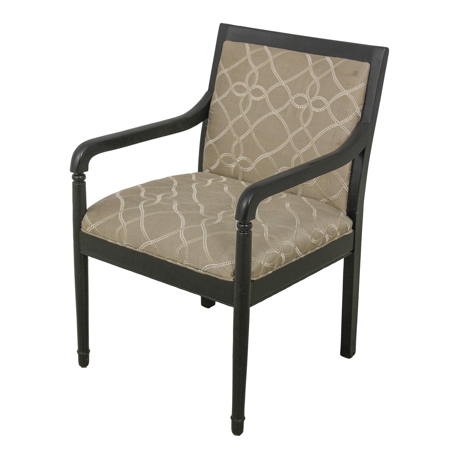 Modern Black Frame Upholstered Armchair with Clean Lines: Modern Black Frame Upholstered Armchair with Clean Lines This modern upholstered armchair features a sleek black frame and showcases a design with simple, clean lines. It has been professionally reuph