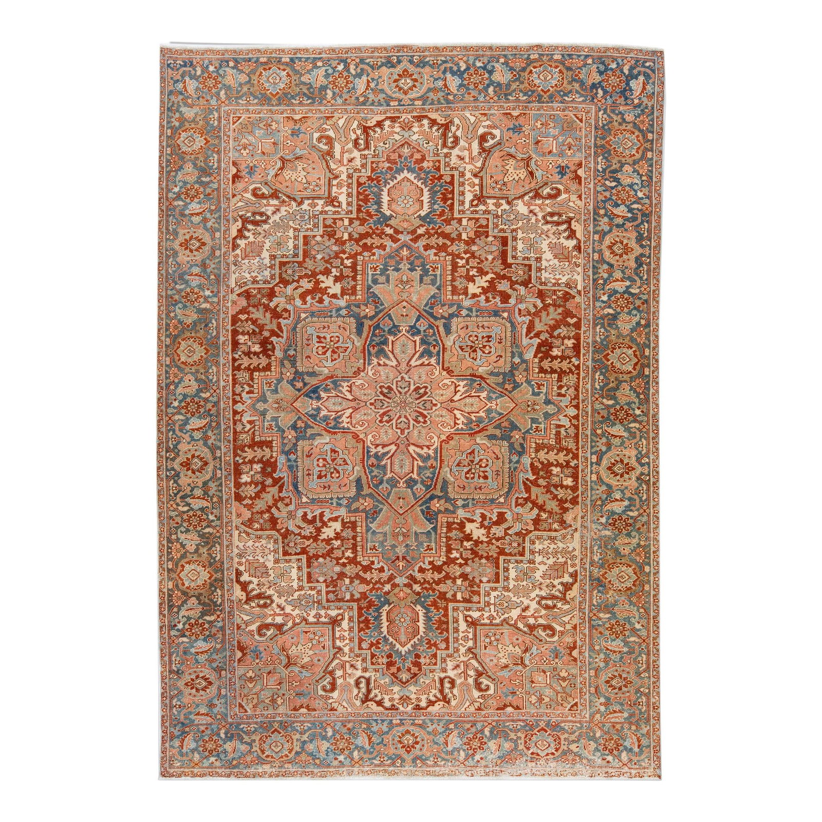 Antique Persian Heriz Handmade Wool Rug 8'3 x 12': Antique Persian Heriz Handmade Wool Rug 8'3 x 12' This stunning antique Heriz rug features a hand-knotted wool construction, showcasing a beautiful beige color field adorned with a striking blue frame