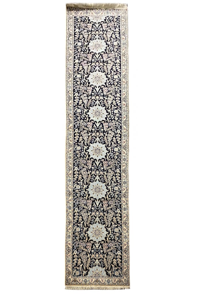 12 Feet Authentic Persian Nain Wool and Silk Runner Rug: 12 Feet Authentic Persian Nain Wool and Silk Runner Rug Free continental US Shipping Enhance your space with this exquisite 12-foot runner rug, crafted from authentic Persian wool and silk. This Nain 