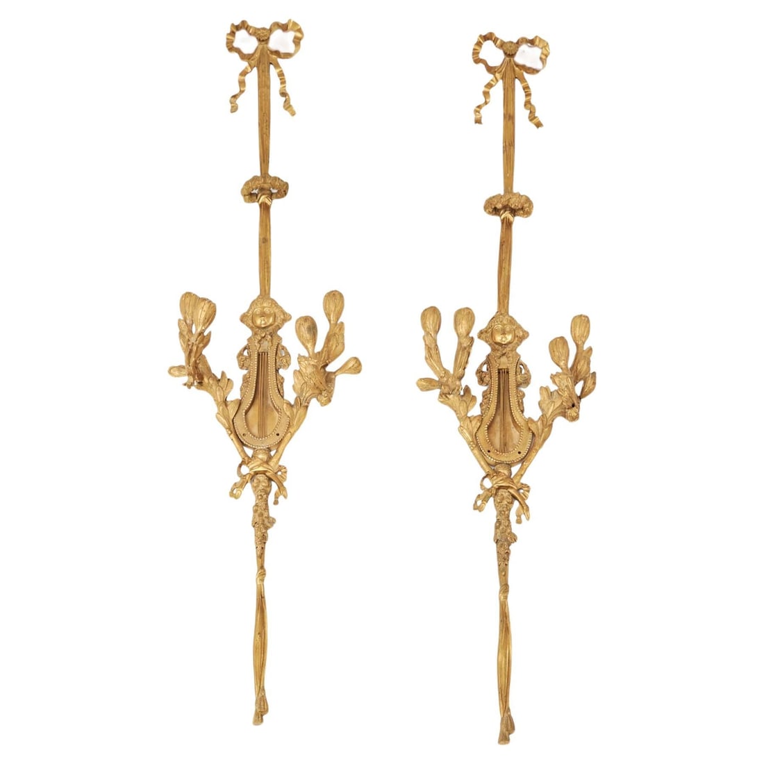 Set of 2 French Gilt Bronze Wall Sconces Louis XVI Style Early 20th Century: Set of 2 French Gilt Bronze Wall Sconces Louis XVI Style Early 20th Century This pair of large French sconces features an elegant Louis XVI style, crafted from gilt bronze. Dating from the early 20th 