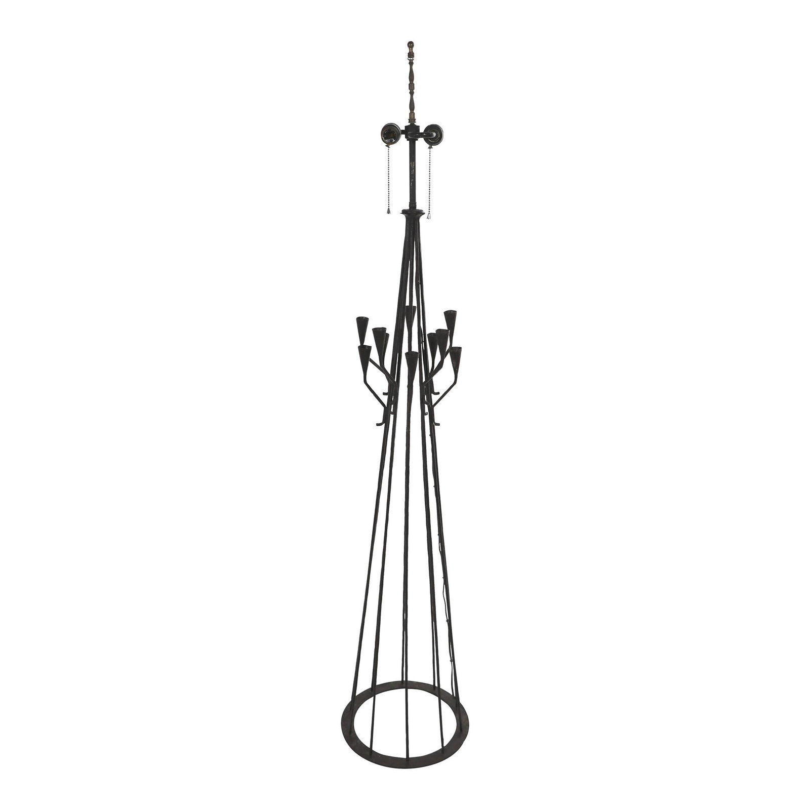 Brutalist Black Wrought Iron Floor Lamp Made in Portugal: Brutalist Black Wrought Iron Floor Lamp Made in Portugal This striking Brutalist floor lamp showcases a unique design crafted from durable wrought iron. It features candle cup arms that extend from th