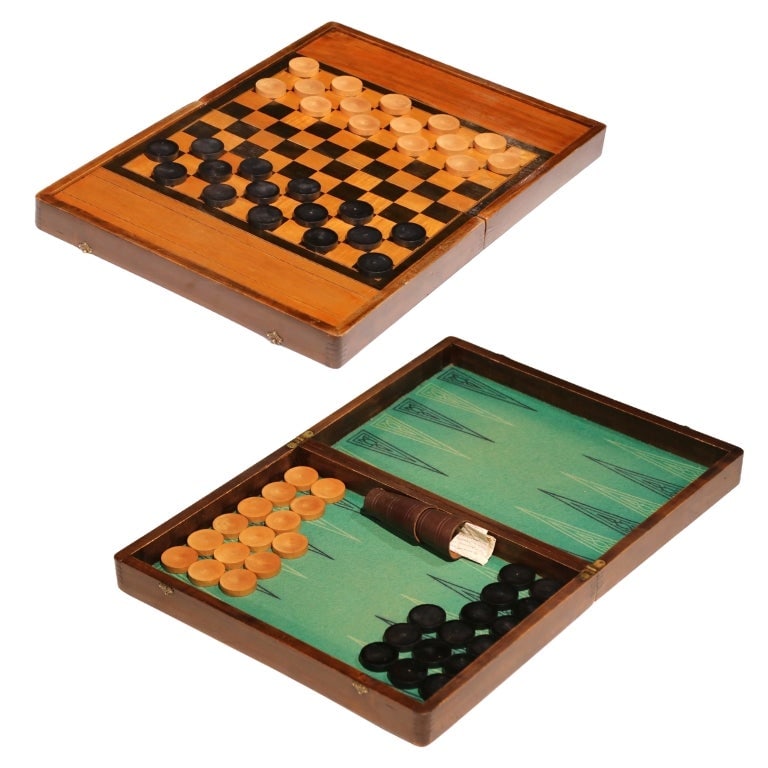 French Walnut Marquetry Game Box for Backgammon and Checkers Circa 1890: French Walnut Marquetry Game Box for Backgammon and Checkers Circa 1890 This late 19th century French game box is crafted from walnut with marquetry inlay featuring a traditional checkered pattern on 