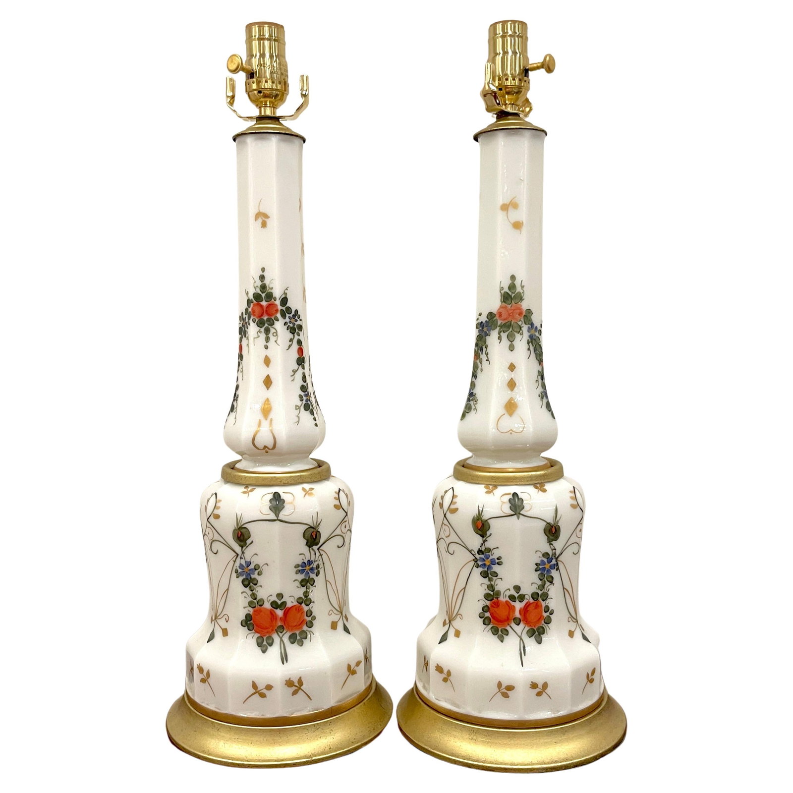 Set of 2 Italian Neoclassical Floral Opaline Glass Column Lamps 1960s: Set of 2 Italian Neoclassical Floral Opaline Glass Column Lamps 1960s Enhance your living space with this exquisite pair of Italian Neoclassical Floral Enameled Opaline Glass Column Lamps, crafted in 