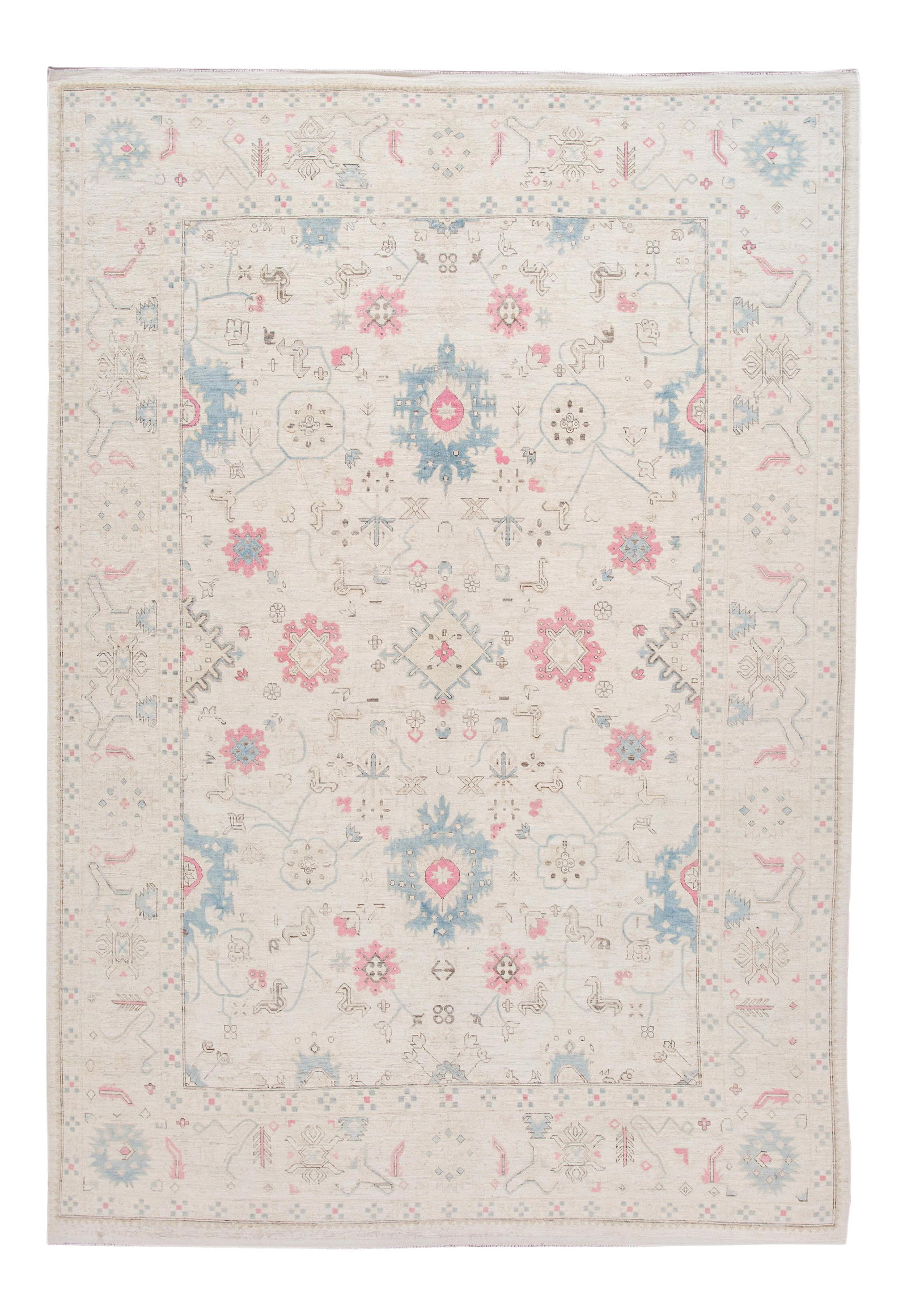 Exquisite Modern Hand-Knotted Khotan Wool Rug 8'9 x 13'1 Ivory Floral: Exquisite Modern Hand-Knotted Khotan Wool Rug 8'9 x 13'1 Ivory Floral This stunning hand-knotted Modern Afghan Khotan wool rug features a beautiful ivory field adorned with intricate blue and red flor
