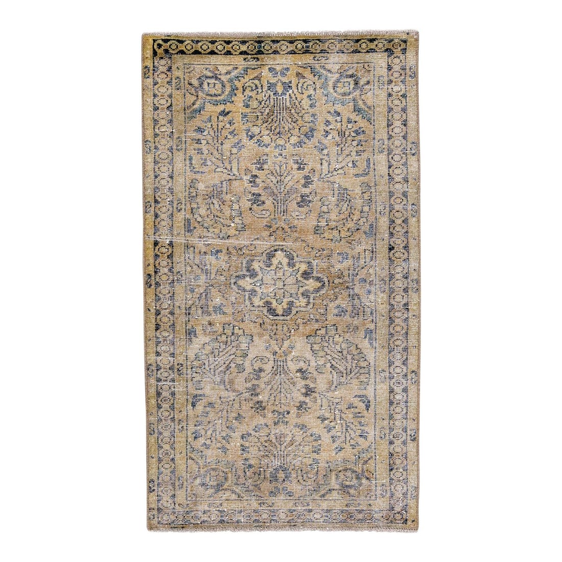 Vintage Persian Handmade Medallion Wool Rug 2'1" x 3'9" Beige: Vintage Persian Handmade Medallion Wool Rug 2'1" x 3'9" Beige This exquisite vintage Persian rug showcases a beautifully distressed hand-knotted design in a soft beige color field, accented with blue 