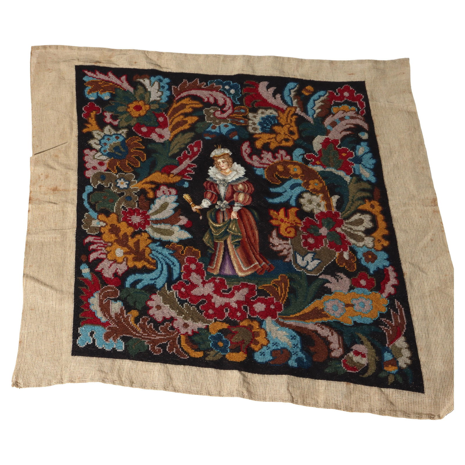 19th Century Pictorial Needlepoint Tapestry Depicting Figural Scene: 19th Century Pictorial Needlepoint Tapestry Depicting Figural Scene This antique 19th-century pictorial needlepoint tapestry features a detailed figural scene with a central motif of a woman dressed i