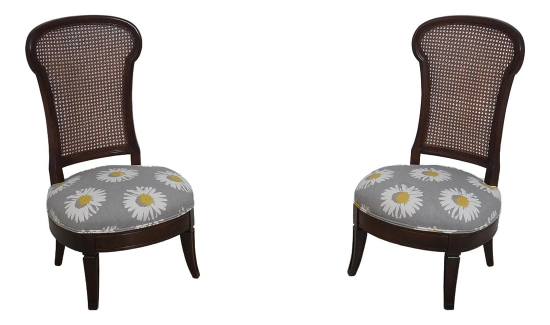 Louis XVI Style Mahogany Cane Back Chairs with New Daisy Upholstery: Louis XVI Style Mahogany Cane Back Chairs with New Daisy Upholstery This exquisite pair of Mahogany low seat cane back chairs showcases timeless elegance with a modern twist. Crafted in the Louis XVI 