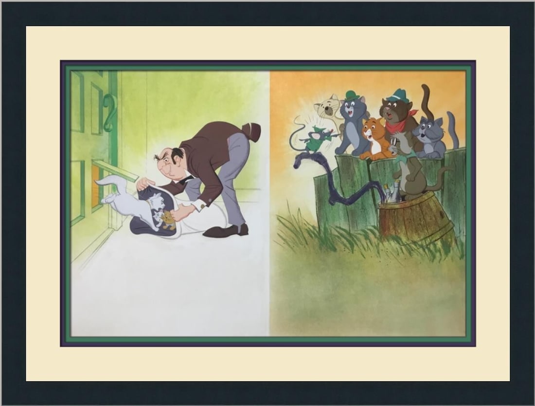 Disney The Aristocats 1971 Custom Framed Original Drawing: Disney The Aristocats 1971 Custom Framed Original Drawing This custom framed original book page drawing from Disney's 1971 film, The Aristocats, features beloved characters from the classic story. The