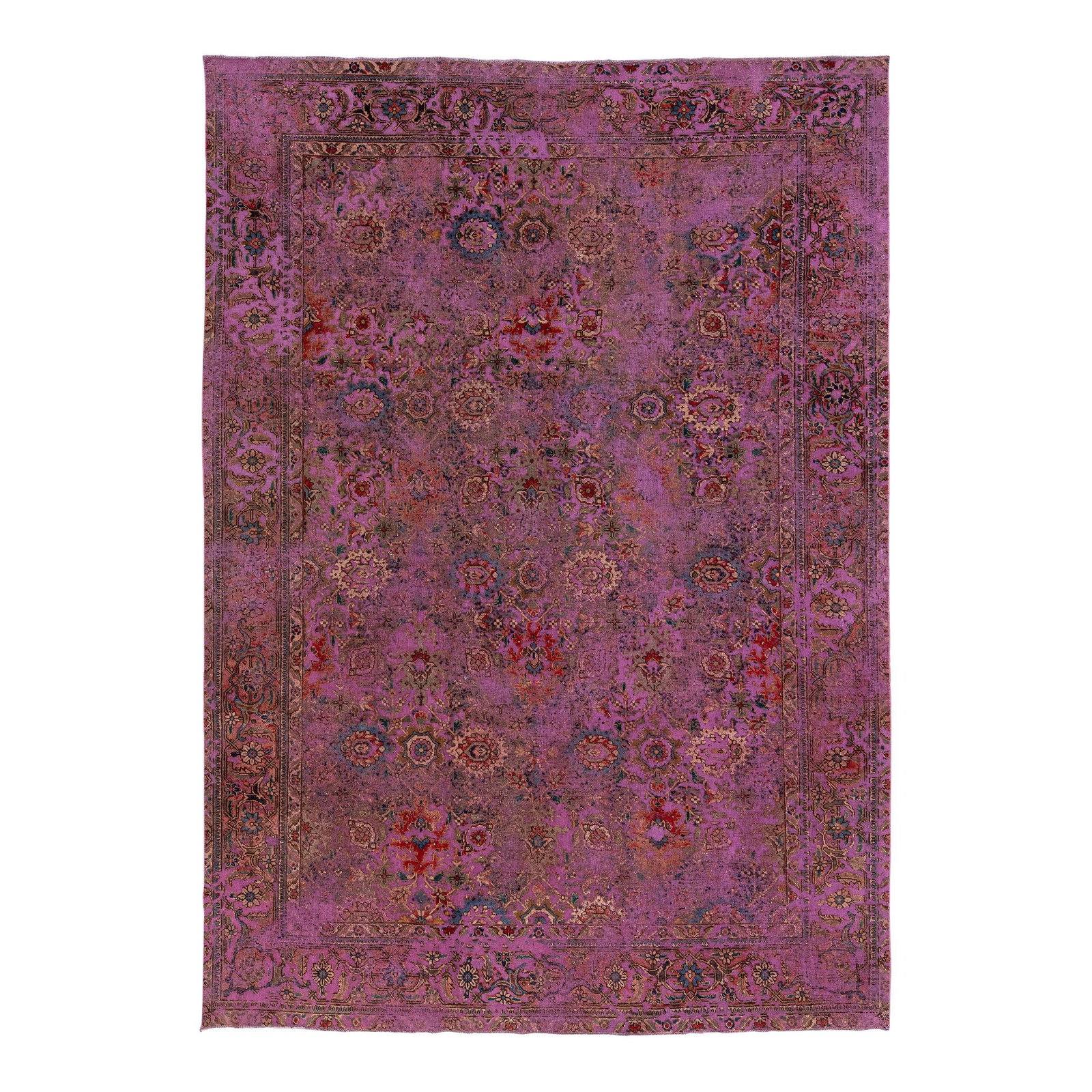Antique Persian Floral Wool Rug in Purple 7'4 x 10'5: Antique Persian Floral Wool Rug in Purple 7'4 x 10'5 This antique Persian wool rug features a stunning floral pattern in rich shades of purple, enhanced by vibrant multicolor accents. With dimensions 