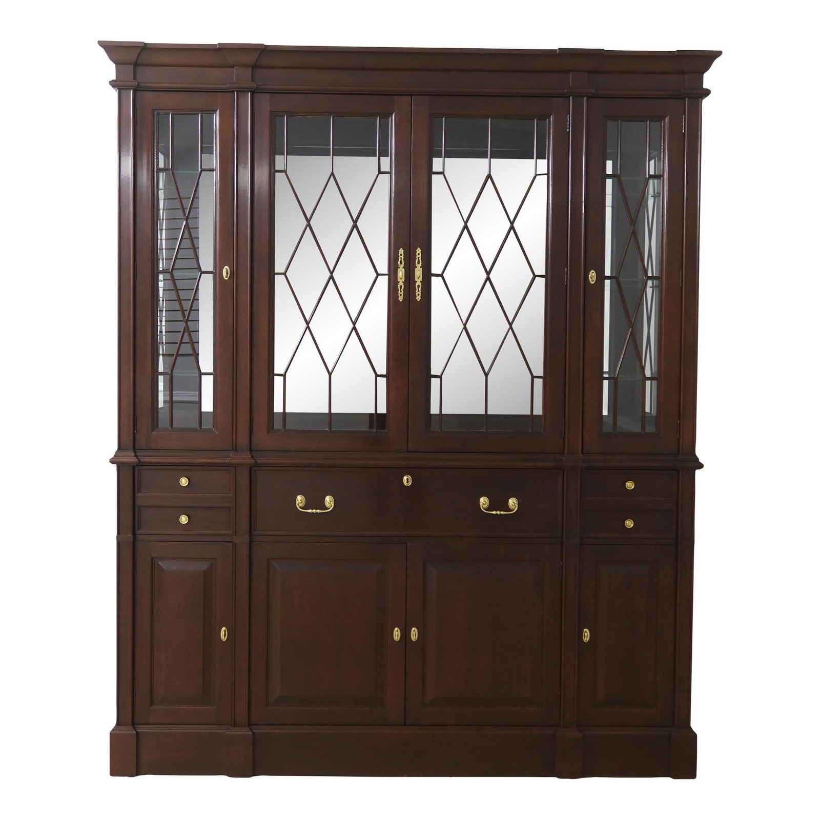 Harden 4 Door Solid Cherry Breakfront China Cabinet with Lighted Interior: Harden 4 Door Solid Cherry Breakfront China Cabinet with Lighted Interior This stunning Harden 4 Door Solid Cherry Breakfront China Cabinet showcases exquisite craftsmanship and timeless elegance. App
