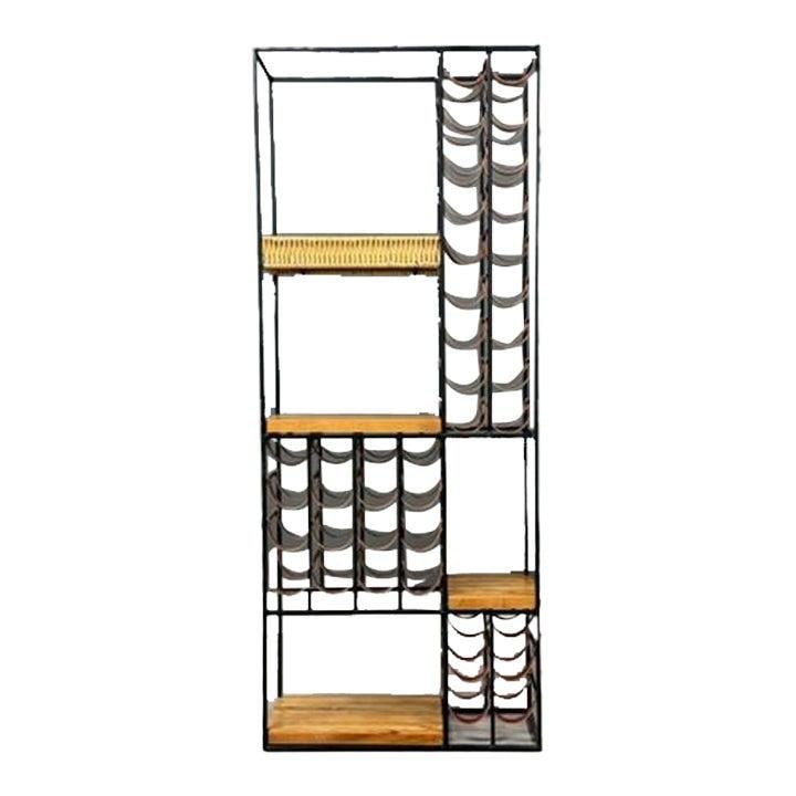 1960s Arthur Umanoff Mid Century Modern 40 Bottle Wine Rack: 1960s Arthur Umanoff Mid Century Modern 40 Bottle Wine Rack This stunning mid-century modern wine rack, designed by Arthur Umanoff, showcases a robust iron frame complemented by three solid oak shelve