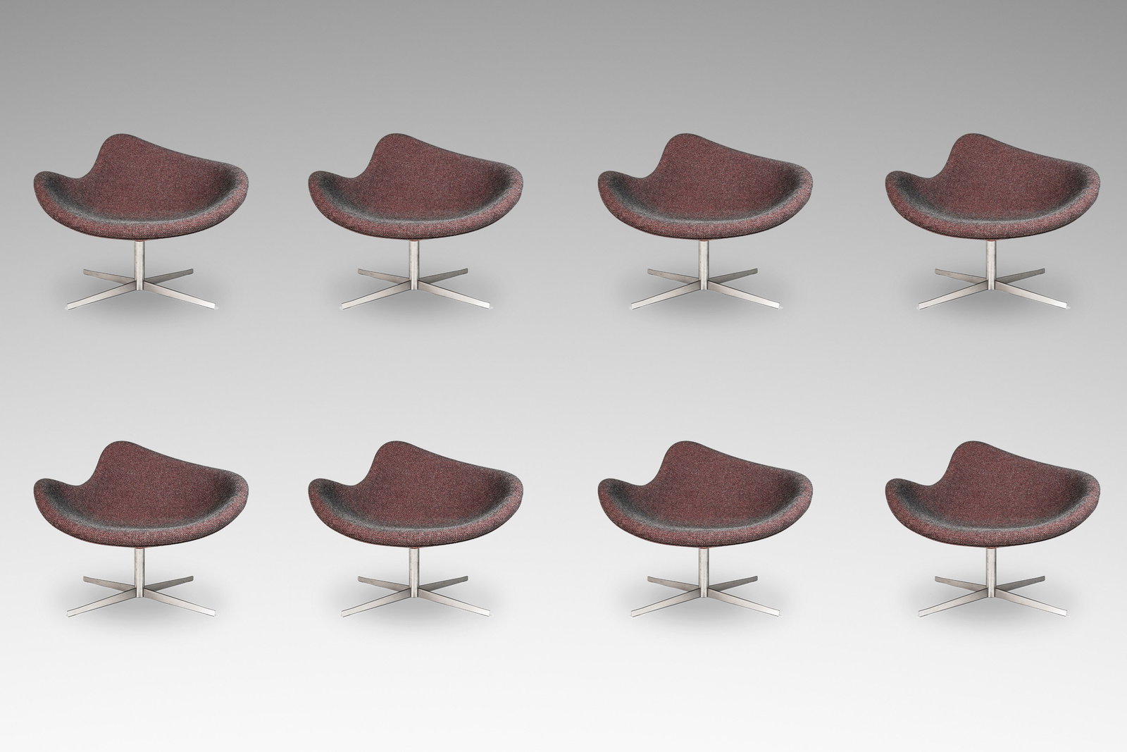 Set of 8 Postmodern K2 Magenta Swivel Chairs by Busk & Hertzog for Hightower: Set of 8 Postmodern K2 Magenta Swivel Chairs by Busk & Hertzog for Hightower Elevate your space with this stunning set of eight Postmodern "K2" chairs, designed by the renowned Danish duo Flemming Bus