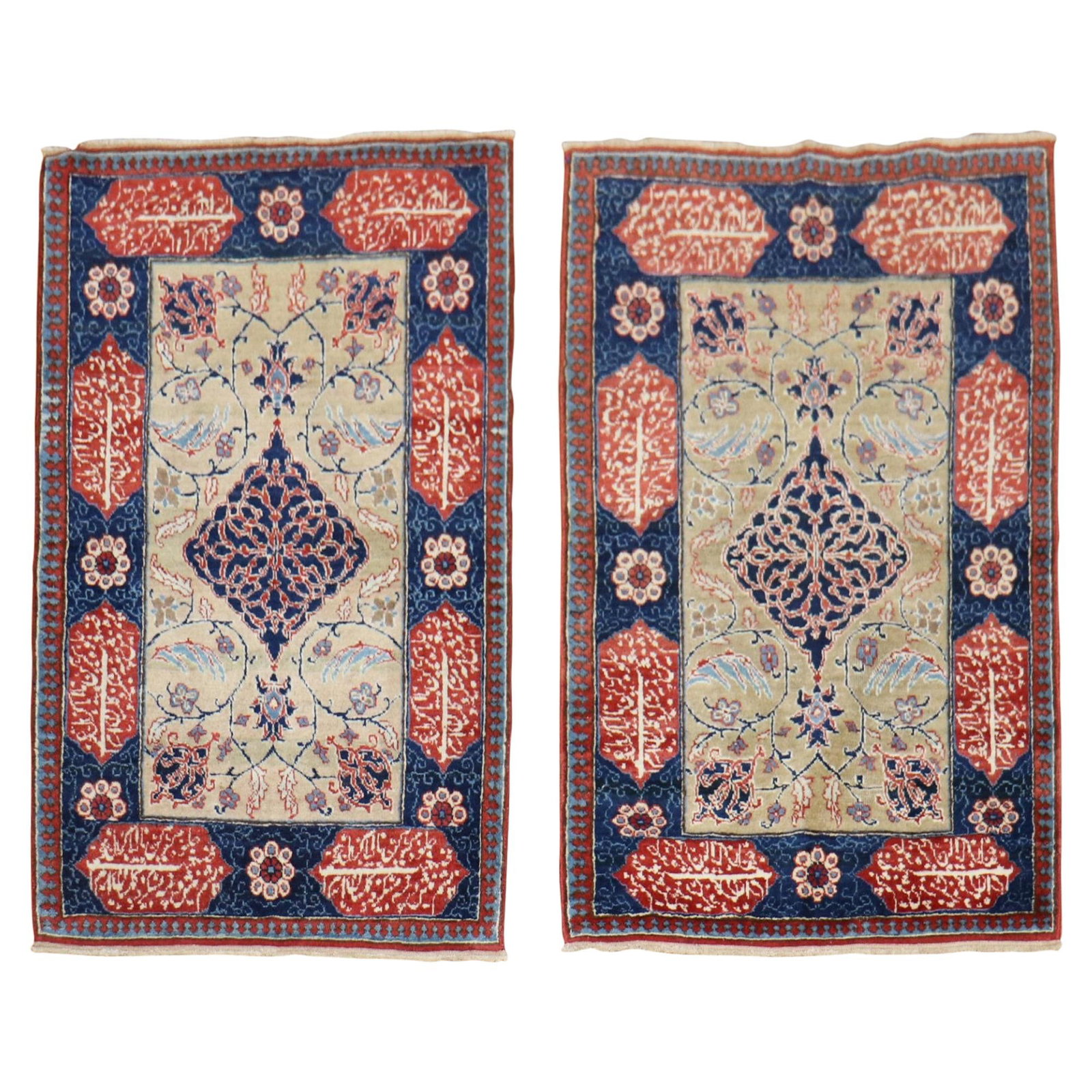 Zabihi Collection Persian Tabriz Rugs Set of 2 with Love Poems Farsi: Zabihi Collection Persian Tabriz Rugs Set of 2 with Love Poems Farsi This exquisite pair of Persian Tabriz rugs, crafted in the 1920s, features intricate love poems written in Farsi along both borders