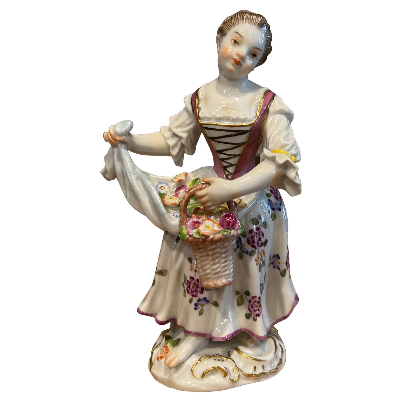 Meissen Porcelain Little Gardener Figurine Model #2 20th Century Germany: Meissen Porcelain Little Gardener Figurine Model #2 20th Century Germany This exquisite Meissen porcelain figurine, titled "Little Gardener With Basket," features a charming depiction of a little girl