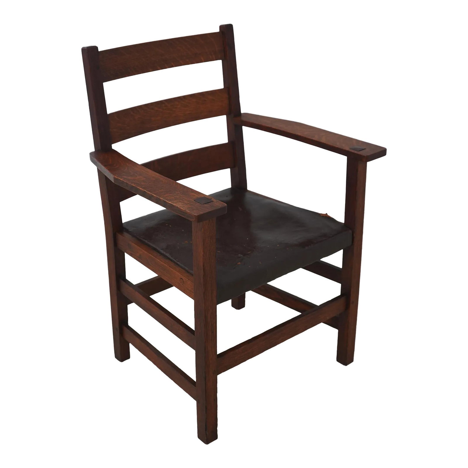 Antique Mission Oak Armchair by L&JG Stickley with Red Label: Antique Mission Oak Armchair by L&JG Stickley with Red Label This exquisite L&jg Stickley Signed Antique Mission Oak Armchair, dating back to approximately 1900-1910, showcases the timeless Arts & Cra