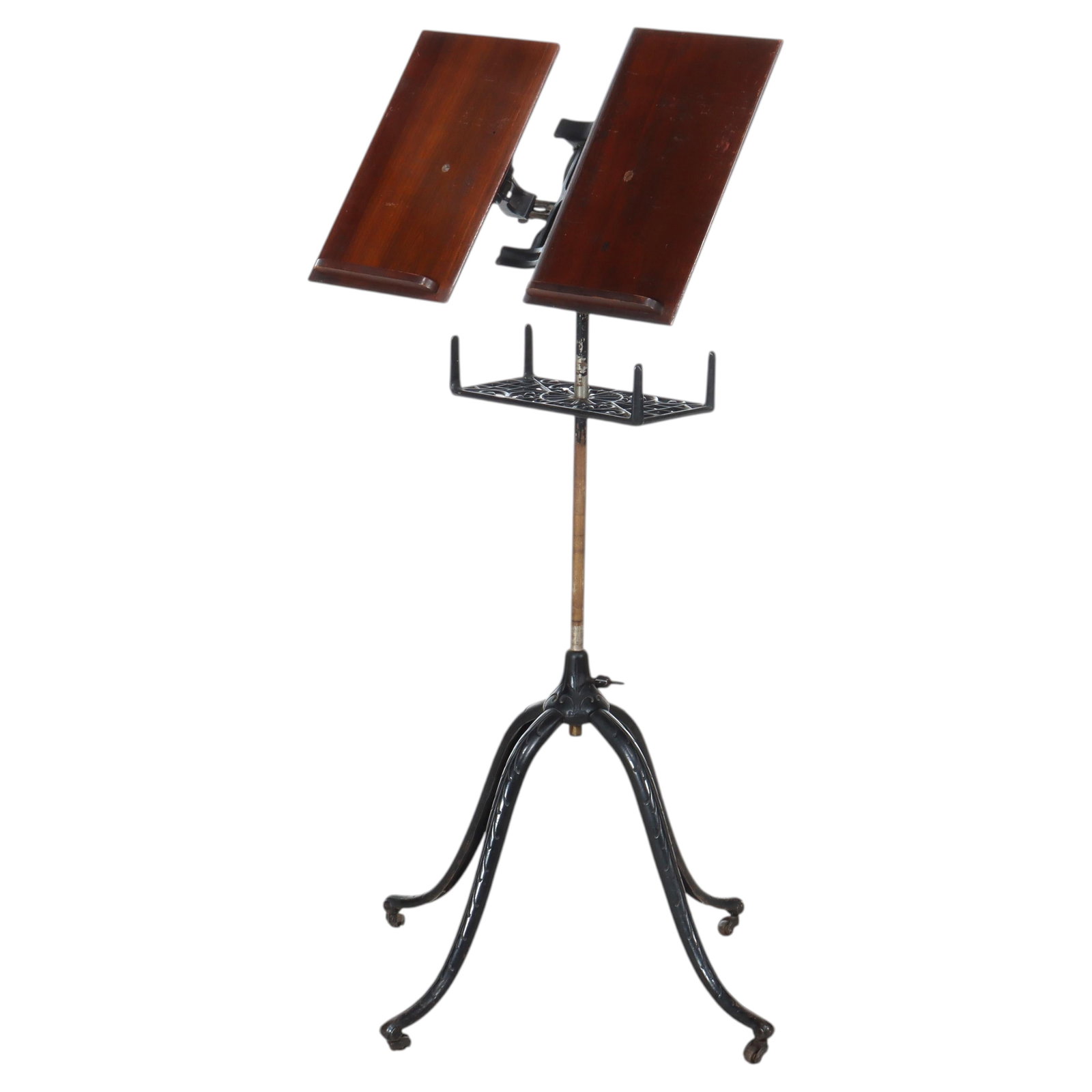 Adjustable Early 20th Century Ebonized Iron and Mahogany Dictionary Stand: Adjustable Early 20th Century Ebonized Iron and Mahogany Dictionary Stand This antique adjustable dictionary stand, crafted circa 1920, features a combination of ebonized iron and mahogany. The stand 