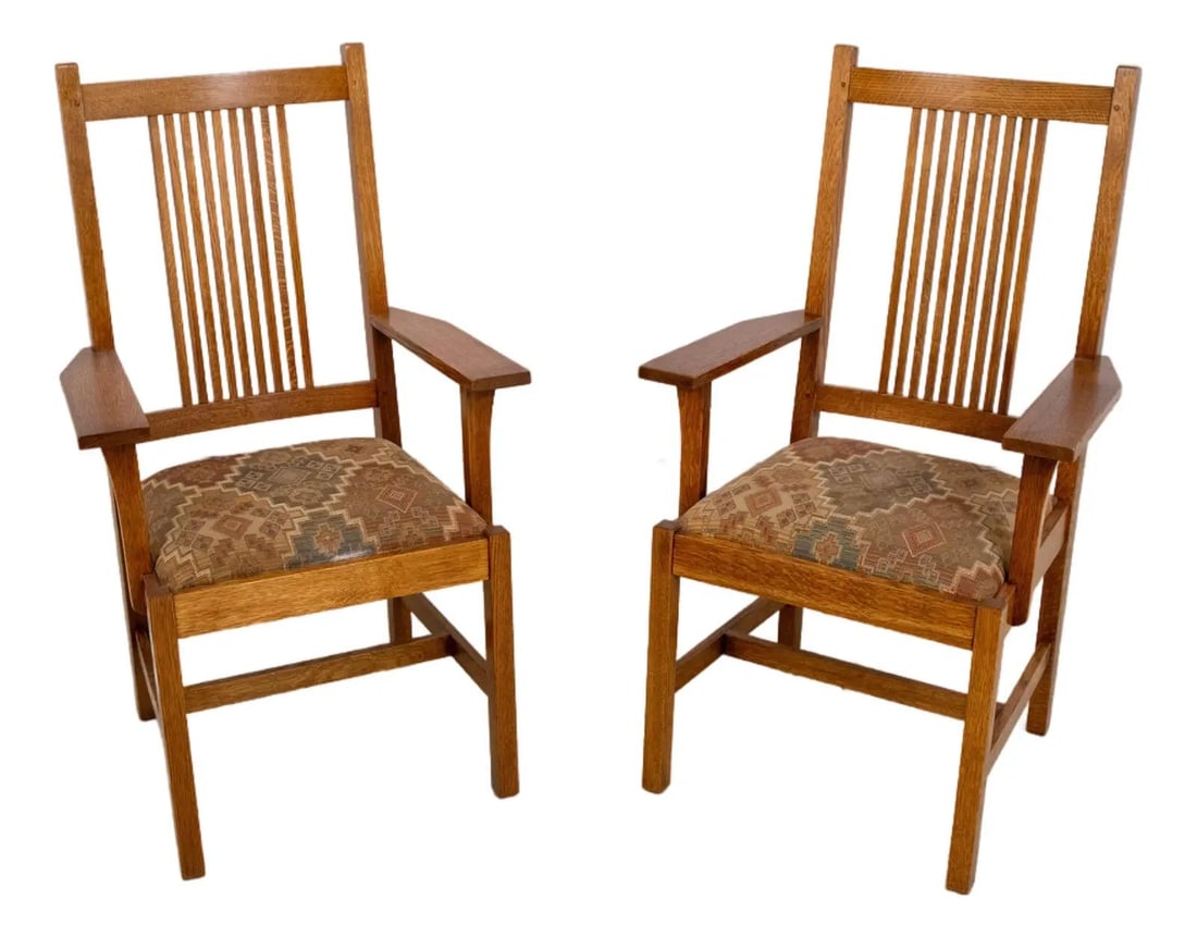 Stickley Mission Oak Arts & Crafts Armchairs Pair Solid Oak: Stickley Mission Oak Arts & Crafts Armchairs Pair Solid Oak This pair of Stickley Mission Oak Arts & Crafts armchairs showcases a timeless design that blends quality craftsmanship with enduring style.