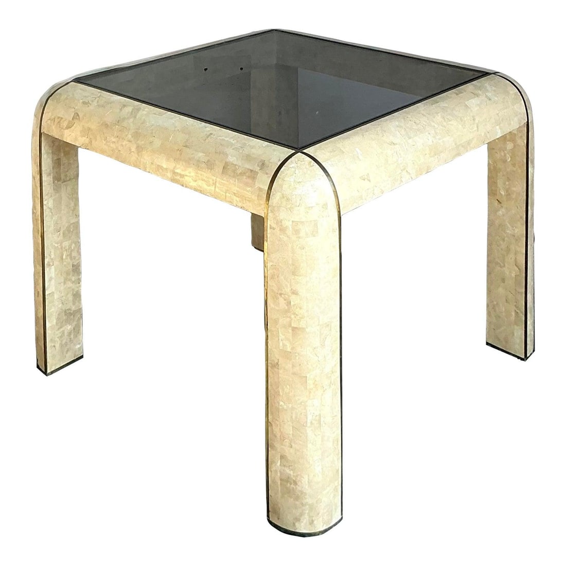 Postmodern Square Tessellated Stone Table with Brass Inlay and Glass Top: Postmodern Square Tessellated Stone Table with Brass Inlay and Glass Top This vintage Boho game table showcases distinctive Postmodern design from the 1980s, featuring a substantial waterfall-style fr