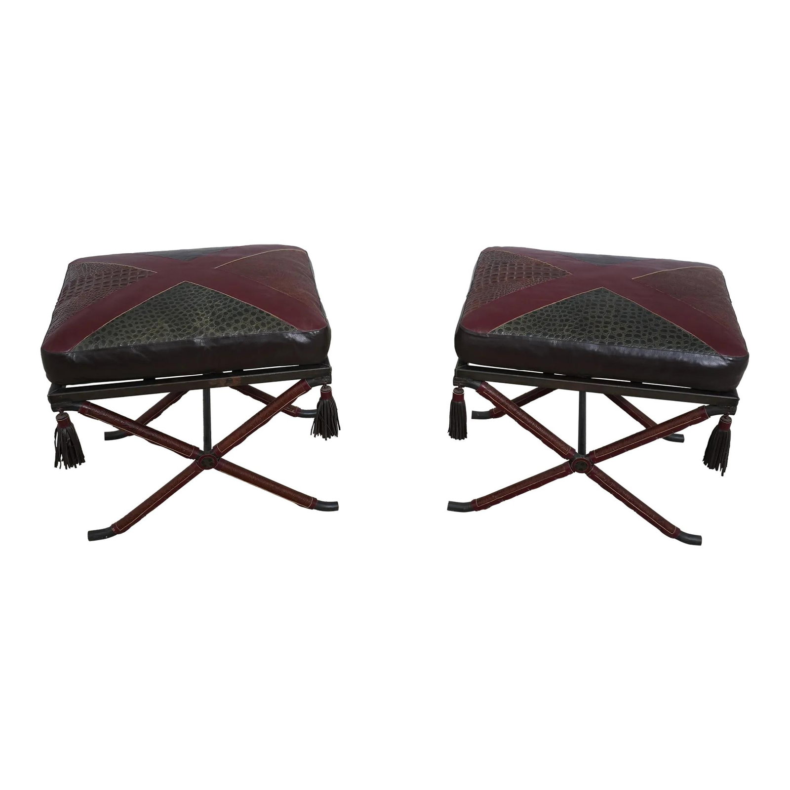 Pair of Modern Red Leather Seat Benches with Iron Base: Pair of Modern Red Leather Seat Benches with Iron Base This exquisite pair of benches features fine quality top grain leather cushions with a modern design. Crafted by skilled artisans, the cushions s