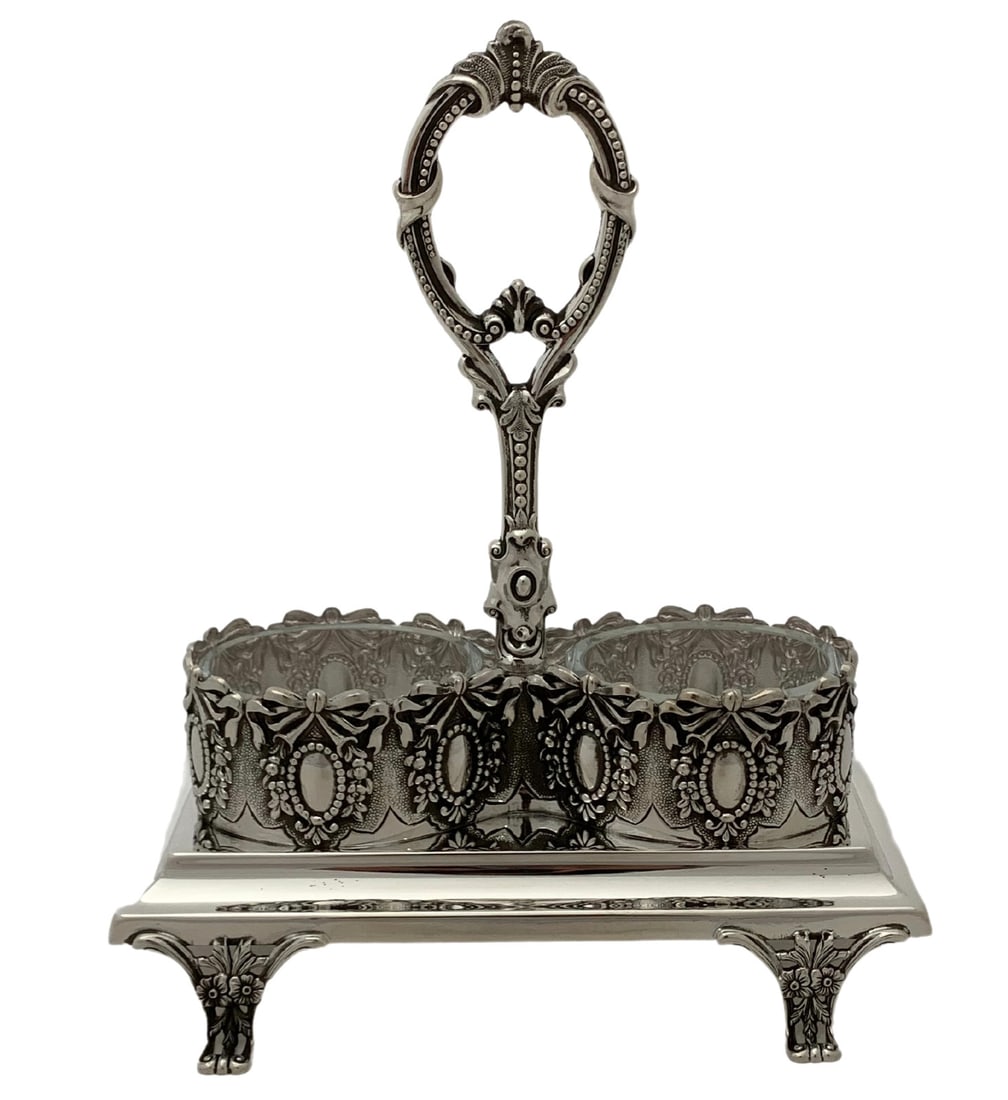 Handmade Portugal Sterling Silver Double Salt Holder With Glass Insert Ribbon Design: Handmade Portugal Sterling Silver Double Salt Holder With Glass Insert Ribbon Design This fine double salt holder is crafted in Portugal from 925 sterling silver and features intricate handmade ornate