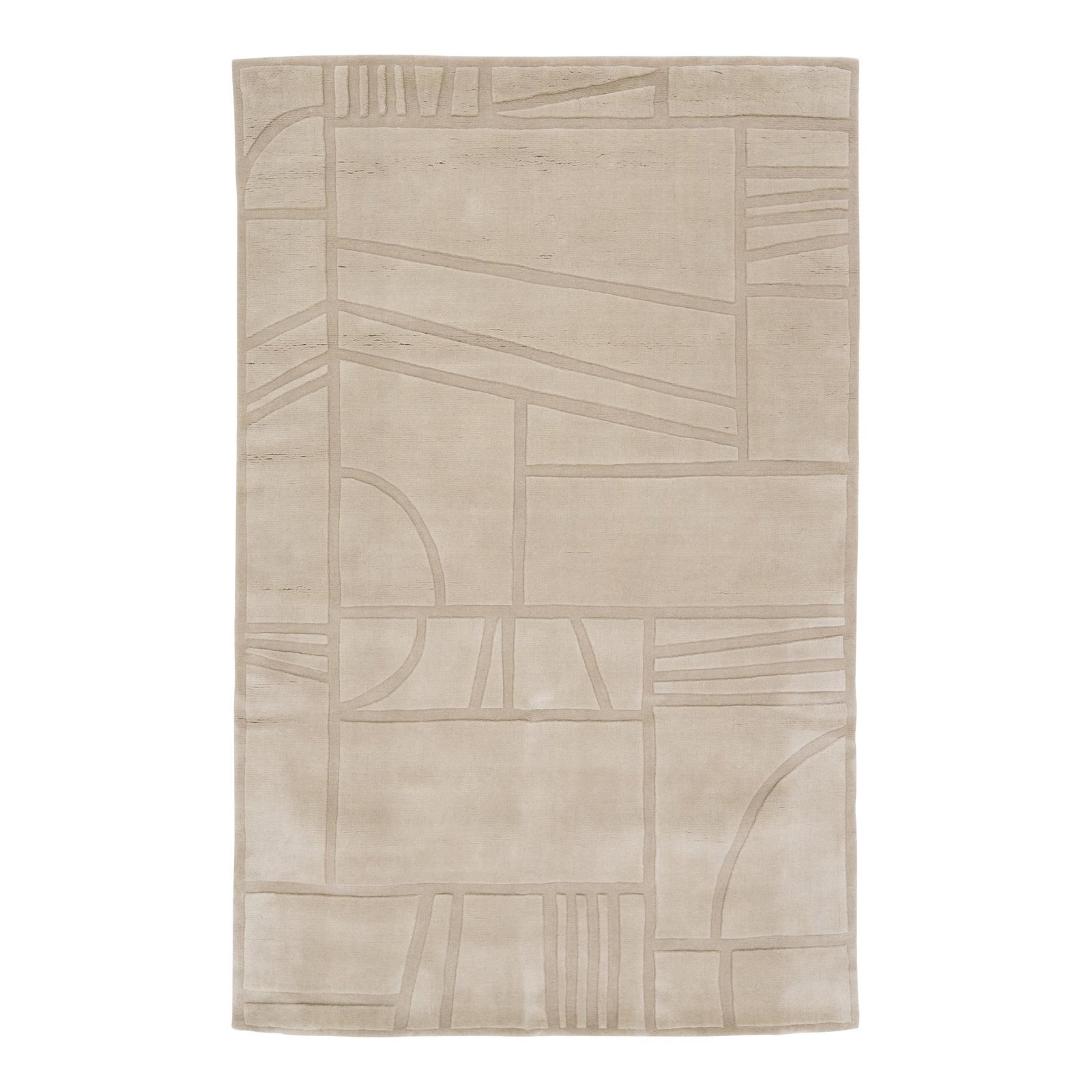 Modern Geometric Hand-Loomed Wool Rug Tan 5' x 8': Modern Geometric Hand-Loomed Wool Rug Tan 5' x 8' Elevate your space with this stunning modern rug, hand-loomed from premium wool. Featuring a contemporary minimalist geometric pattern against a warm 