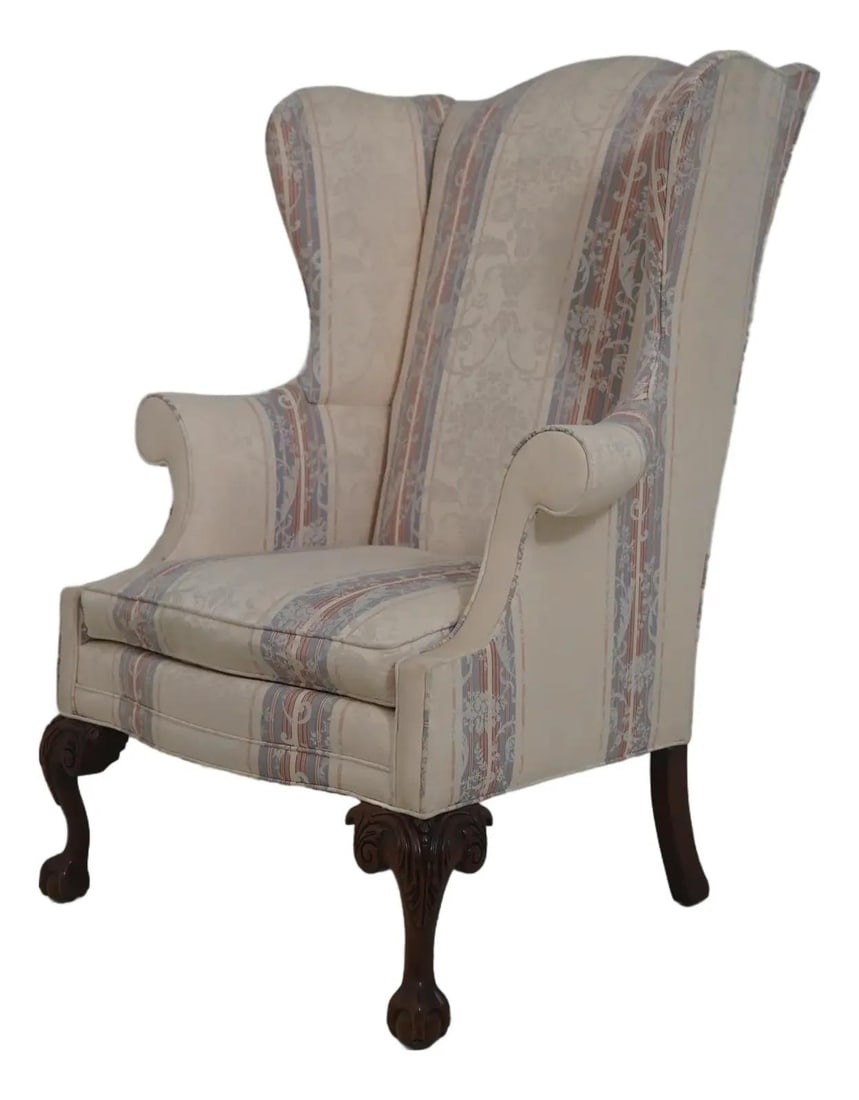 Chippendale Style Mahogany Wingback Chair With Damask Upholstery And Claw Feet: Chippendale Style Mahogany Wingback Chair With Damask Upholstery And Claw Feet This Southwood wing back chair features a traditional Chippendale style with an 18th-century design influence. The chair 