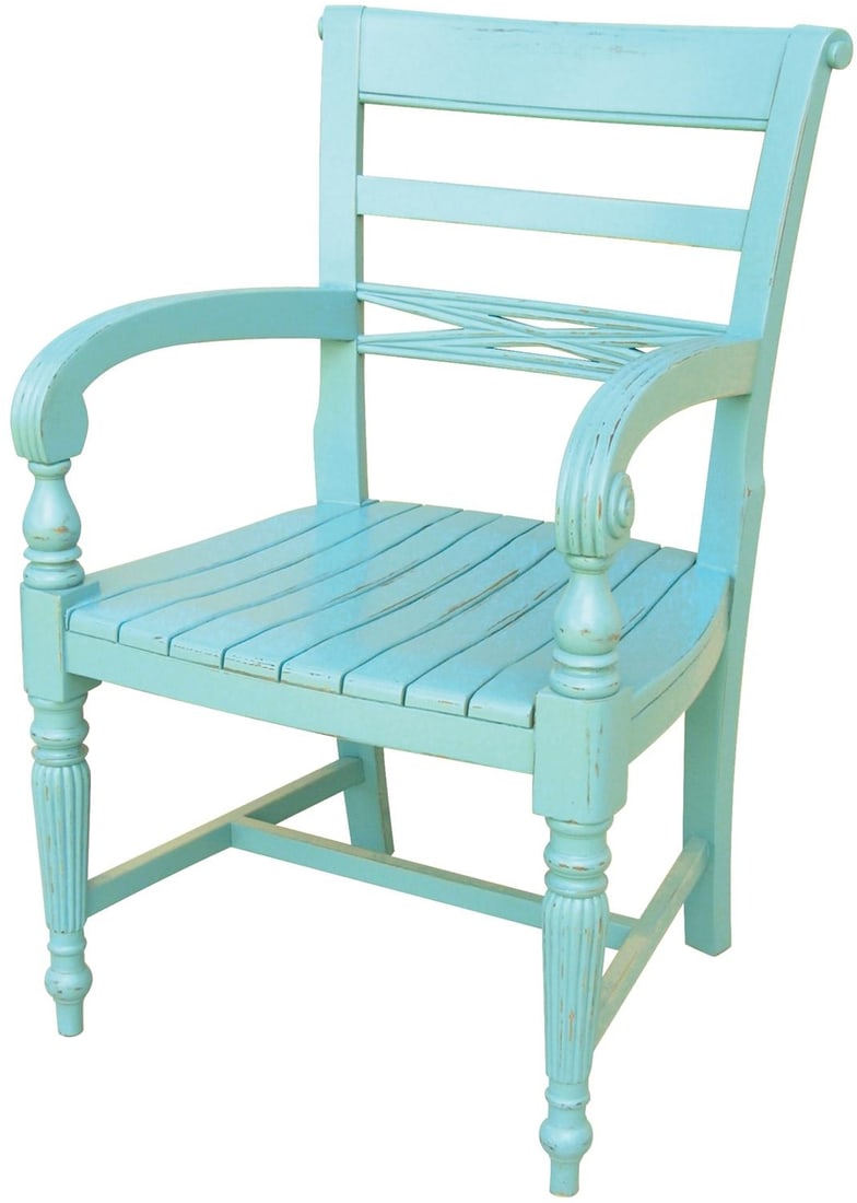 Trade Winds Aqua Hand-Carved Raffles Dining Armchair: Trade Winds Aqua Hand-Carved Raffles Dining Armchair Introducing the Aqua Hand-Carved Dining Armchair, a perfect blend of elegance and comfort. Crafted with a sturdy mahogany frame, this chair feature