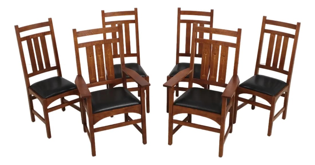 Six Harvey Ellis Mission Style Oak Dining Chairs with Inlay by Stickley Set of 6: Six Harvey Ellis Mission Style Oak Dining Chairs with Inlay by Stickley Set of 6 This set of six Stickley Harvey Ellis Mission Oak dining chairs features the classic Arts & Crafts style, crafted with 