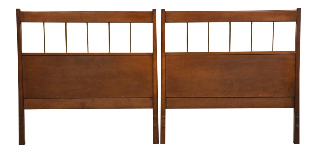 Mid Century Modern Birch Twin Headboard Pair by Paul McCobb: Mid Century Modern Birch Twin Headboard Pair by Paul McCobb This exquisite pair of mid-century modern twin headboards showcases a beautiful birch construction combined with polished brass spindles, de