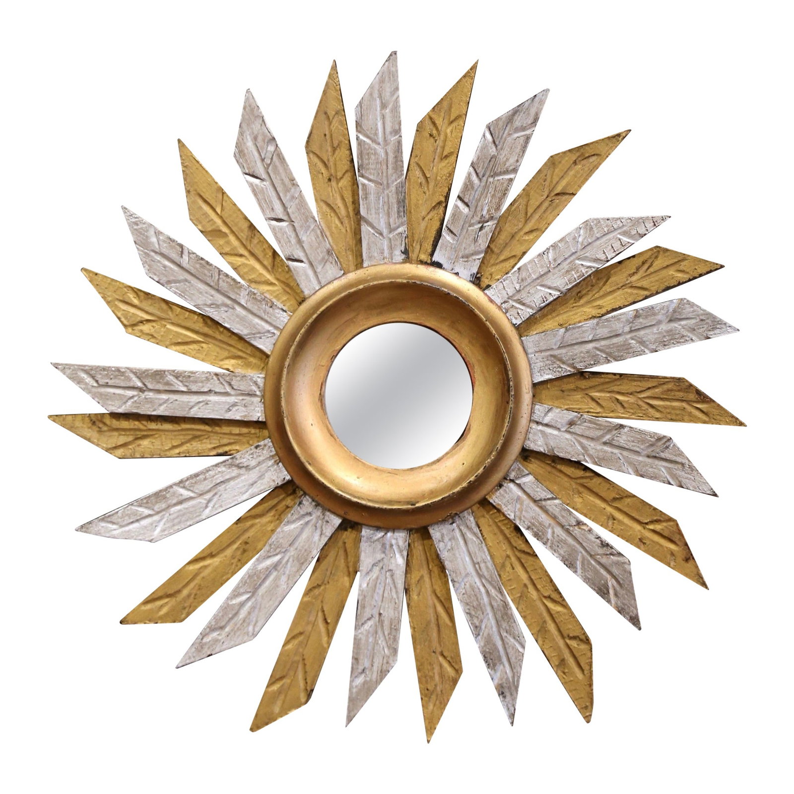 Vintage French Hand-Carved Two-Tone Gilt Silver Sunburst Wall Mirror: Vintage French Hand-Carved Two-Tone Gilt Silver Sunburst Wall Mirror Enhance your living space with this stunning vintage French sunburst wall mirror, expertly hand-carved in France around 1990. This 