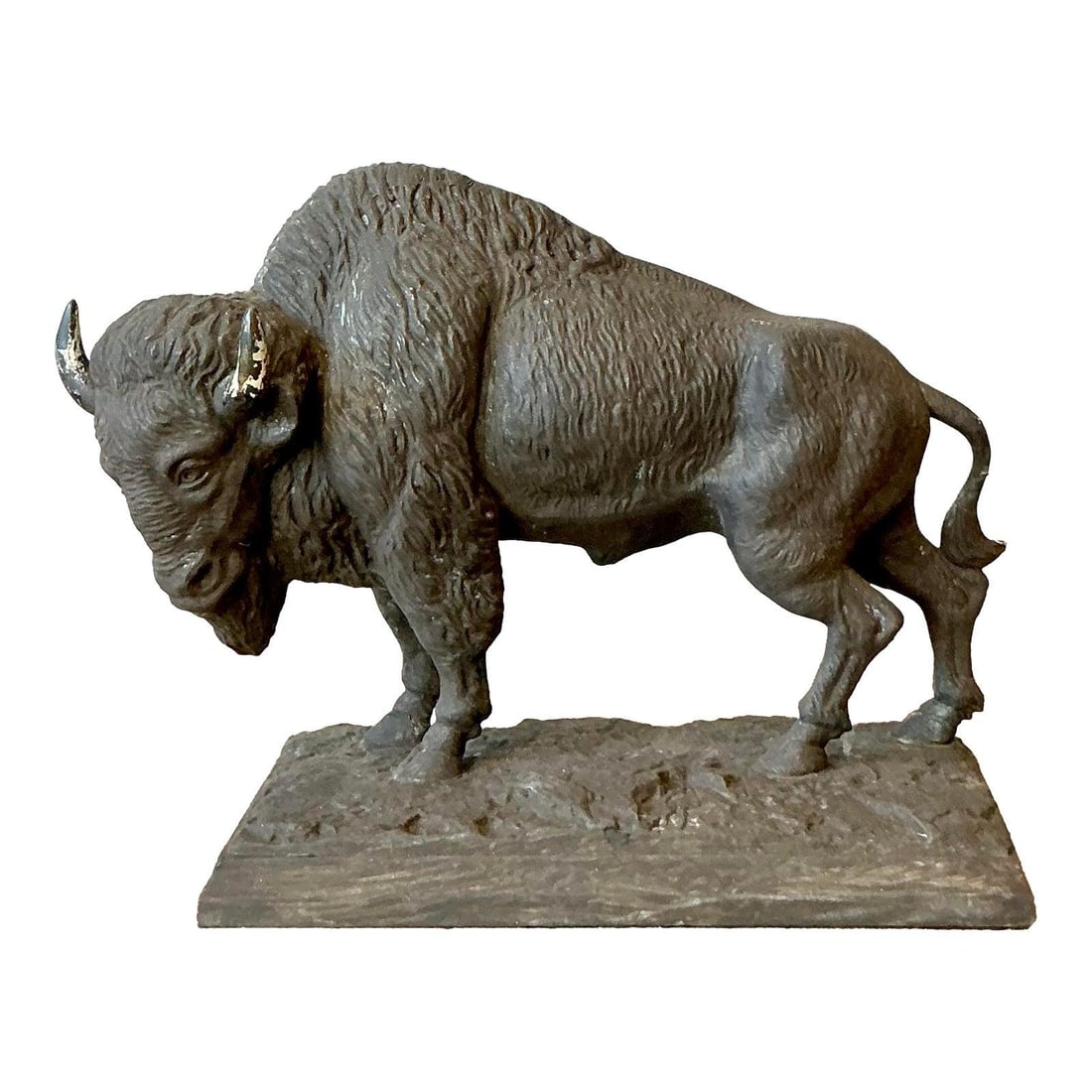 Cast Iron American Bison Sculpture on Rectangular Base 11x4.5x7.5: Cast Iron American Bison Sculpture on Rectangular Base 11x4.5x7.5 This vintage sculpture showcases an American Bison (Buffalo) in a detailed, dynamic pose. Cast in heavy metal, likely iron with a bron
