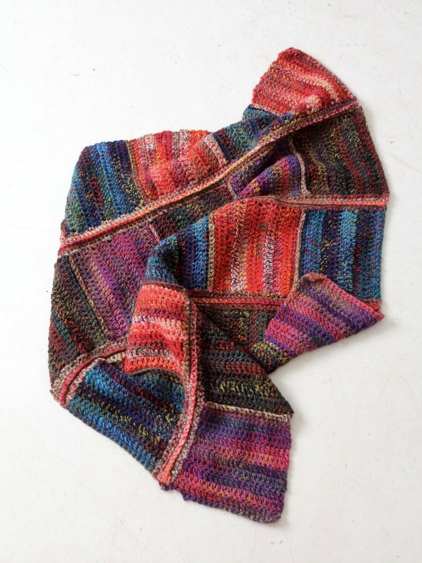 Colorful Vintage Patchwork Knit Throw Blanket 42 x 39: Colorful Vintage Patchwork Knit Throw Blanket 42 x 39 This vintage patchwork knit throw blanket showcases a vibrant array of colors, including bold stripes of red, purple, blue, and green. Crafted wit