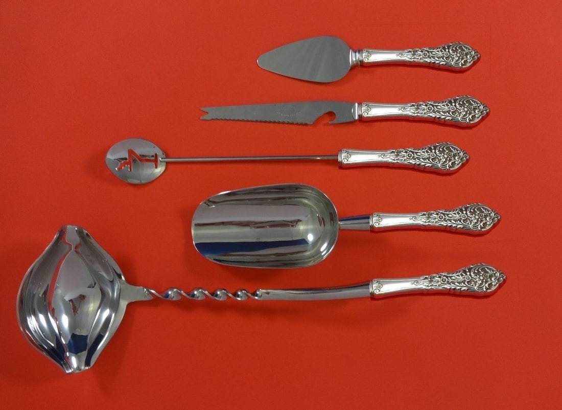 Reed & Barton Florentine Lace 5-Piece Sterling Silver Cocktail Bar Set: Reed & Barton Florentine Lace 5-Piece Sterling Silver Cocktail Bar Set Elevate your entertaining experience with the Florentine Lace Cocktail Party Bar Set by Reed & Barton. This exquisite 5-piece ser