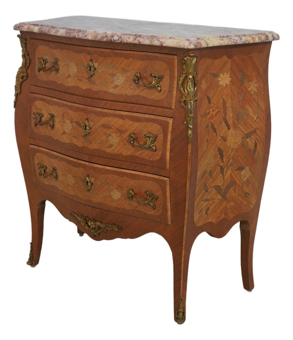 French Louis XV Style Marble Top Commode Accent Chest: French Louis XV Style Marble Top Commode Accent Chest This exquisite French Louis XV Marble Top Commode Accent Chest showcases impeccable craftsmanship from the 1920s. It features elegantly dovetailed