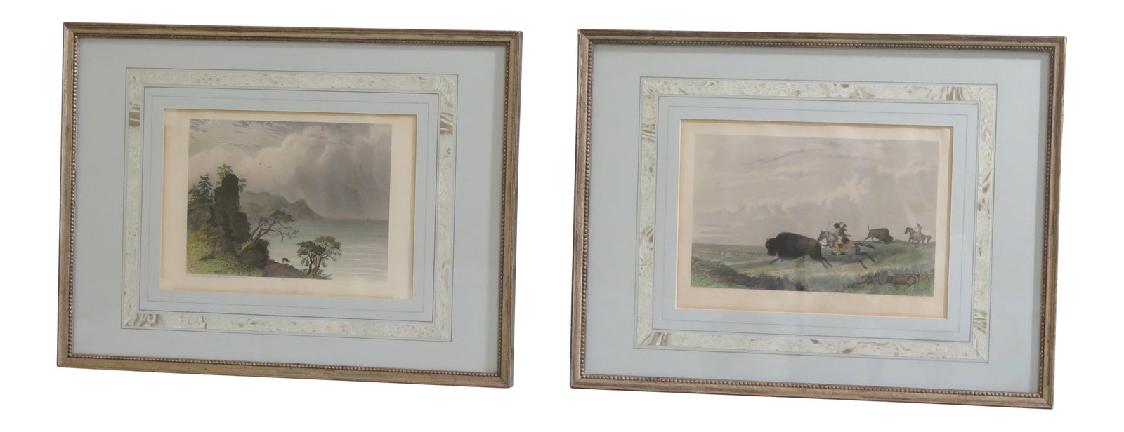 Antique Framed Colored Engravings Pair of American Indian Hunting Scenes: Antique Framed Colored Engravings Pair of American Indian Hunting Scenes This exquisite pair of early 20th-century antique framed colored engravings showcases American Indians in hunting scenes. Each 