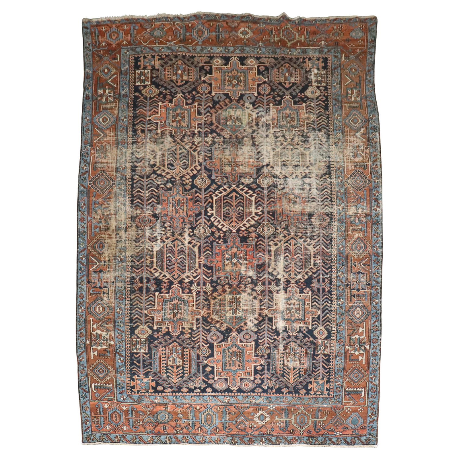 Antique Persian Heriz Worn Rug Early 20th Century Hand-Knotted 8'6 x 11'7: Antique Persian Heriz Worn Rug Early 20th Century Hand-Knotted 8'6 x 11'7 Discover the timeless beauty of this Antique Persian Heriz Worn Rug, a stunning representation of early 20th-century craftsman