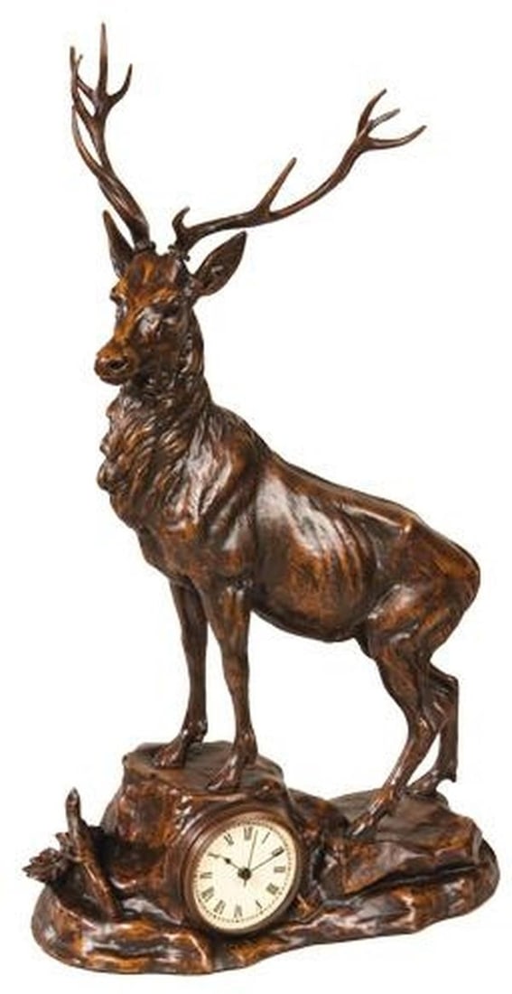 Chocolate Stag Figural Mantel Clock Lodge Style 24H Resin: Chocolate Stag Figural Mantel Clock Lodge Style 24H Resin Enhance your home decor with this lifelike Chocolate Stag Mantel Clock, an exquisite piece crafted from resin. This figural clock features a s