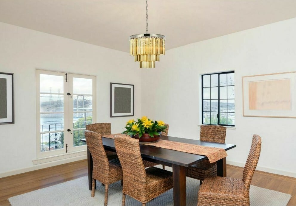 Sydney 9-Light Modern Chandelier With Golden Teak Crystals and Polished Nickel Finish: Sydney 9-Light Modern Chandelier With Golden Teak Crystals and Polished Nickel Finish This modern chandelier features a polished nickel frame adorned with golden teak royal cut crystals, providing an 