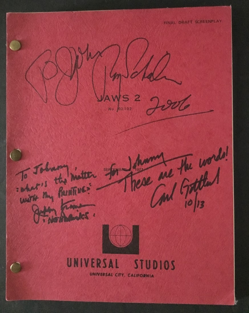 Jaws 2 Original Script Signed by Roy Scheider & Carl Gottlieb JSA Authenticated: Jaws 2 Original Script Signed by Roy Scheider & Carl Gottlieb JSA Authenticated This is an original script of the iconic movie "Jaws 2," featuring the signatures of prominent cast and crew members. Th